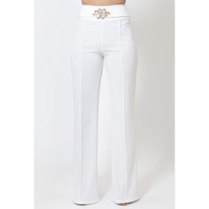 High Waist White Wide Leg Flare Pants With Gold Accent Snake Buckle -Frontline Flared Leg Design -Back Zipper -Comfortable Stretch Fabric -Hand Wash Cold, Do Not Bleach, Flat Dry White Full Length Pants With Belt Loops, White Full-length Bottoms With Belt Loops, High-waist White Pants With Belt Loops, High Waist White Pants With Belt Loops, Wide Leg Flare Pants, High Waist Wide Leg Pants, Leg Design, Gold Accent, White Pants