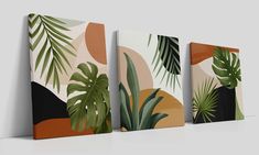 three canvases with plants on them in different colors