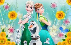 the frozen queen and her friend are hugging in front of an image of snowmen