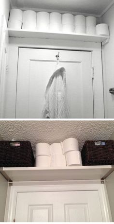 there are two pictures with towels and toilet paper on the shelf in front of the door