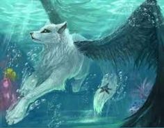 a painting of a white wolf swimming in the water with fish around it's neck