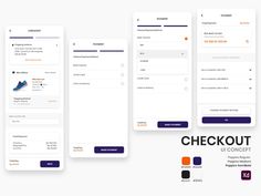 the checkout screen is shown with different colors and shapes, including orange, purple, and