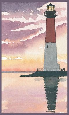 a watercolor painting of a lighthouse at sunset