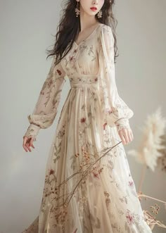 Elegant V Neck Print High Waist Chiffon Dress Long Sleeve KJ007 ZS-FDL240715 Chiffon Dress Long Sleeve, Big Size Dress, Gaun Fashion, Lantern Sleeve Dress, Chiffon Dress Long, Comfortable Room, Chiffon Long Sleeve, Fairy Dress, Dress Long Sleeve