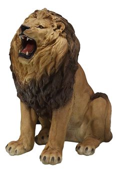 a statue of a lion sitting on the ground with its mouth open and it's teeth wide open