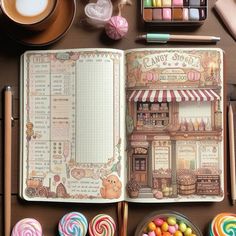 an open notebook with candy shop images on it