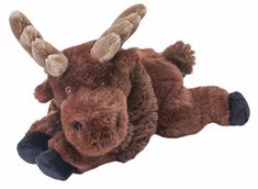 a stuffed moose laying on its side with long horns and black feet, facing the camera