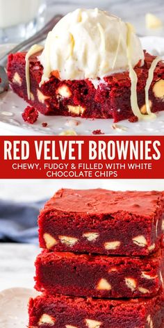 red velvet brownies with white chocolate chips and whipped cream are the perfect dessert for valentine's day