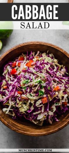 cabbage salad in a wooden bowl with text overlay