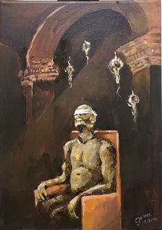 a painting of a man sitting in a chair