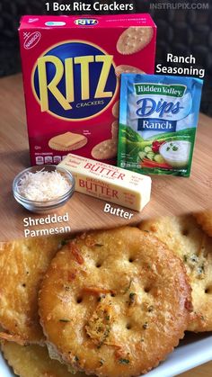 an assortment of snacks including crackers, butter and ranch seasoning