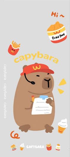 a cartoon beaver holding a piece of paper with the caption capybara written on it