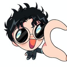 an image of a cartoon character with big eyes and black hair holding his hand up to the side