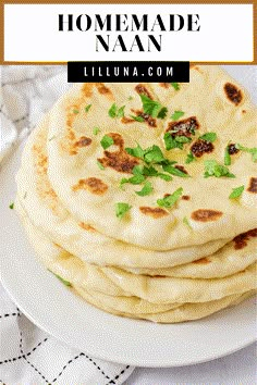 homemade naan on a white plate with text overlay