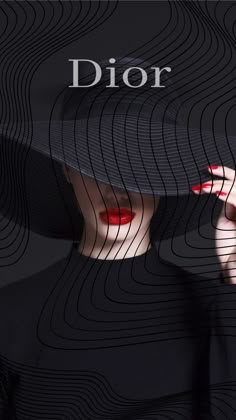 a woman wearing a black hat with red nails on her face and the words dior above it