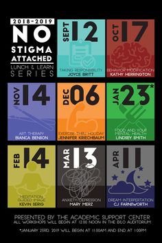 the poster for an event with numbers and colors on it, as well as dates