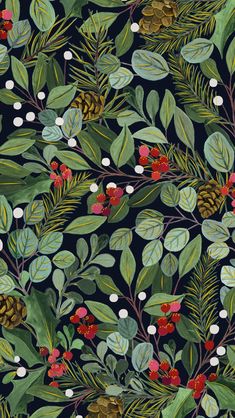 a pattern with leaves and berries on a black background