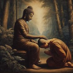 a painting of two buddhas sitting in the middle of a forest, one is touching the other's head