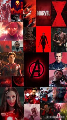 the avengers movie poster is shown in red and black