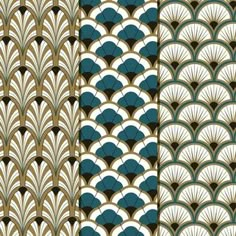 an art deco inspired wallpaper design in gold and teal, with fan shapes