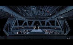 a sci - fi space station with people standing in the doorways and lights on