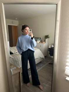 Wide Leg Blue Pants Outfit Work, Tailored Pants Outfit Fall, Grey Blue Sweater Outfit, Styling Blue Trousers, Blue Pants Office Outfit, Navy Pants Outfit Winter, Business Casual Outfits Law Firm, Blue Off Shoulder Sweater, Work Outfit Blue Pants