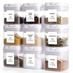 PRICES MAY VARY. 【VALUE PACKAGE FOR YOU】Our spice containers set include 9 piece 0.475 liter large stackable plastic square storage container,9 white spoons,148 minimalist waterproof preprinted spice labels. Perfect for storing spice,tea,herb,seasoning and other dry food. Make your kitchen and pantry more beautiful and clean. 【MINIMALIST-WATERPROOF SPICE LABELS】Our spice jars with label include 148 preprinted spice labels, 9 blank labels, 8 expiration date labels. These spice stickers are high c Seasoning Containers, Storing Spices, Dry Food Storage, Glass Spice Jars, Spice Labels, Food Storage Container Set, Spice Tea, Spice Storage, Spice Containers