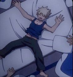 an anime character laying in bed with his arms up