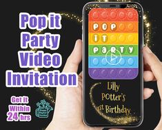 a person holding an iphone with the text pop it party video invitation