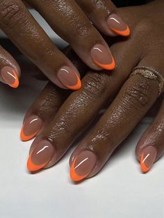 30pcs Fashionable Design Orange Short Almond Shaped French Soft Full Cover Press-On Fake Nails For Party, Date, And Daily WearI discovered amazing products on SHEIN.com, come check them out! Black Nails Orange Tips, French Tips Black Women, Orange And Black Nails Acrylic, Drippy Nails, Nail Art French, Nails Press Ons, Short Almond Nails, Nagel Tips, Nails Aesthetic