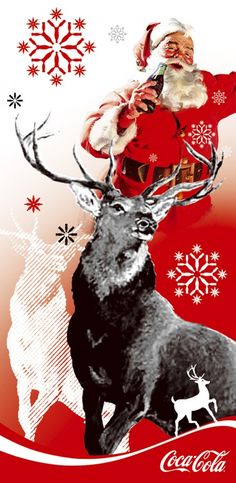 an image of santa claus with reindeers and snowflakes on the side of him