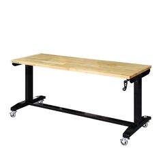 a wooden table sitting on top of a metal frame with two black casteors and wheels