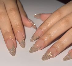 White Quince Nails Almond, Gold Glitter Nails Coffin, Almond Nails Champagne, Nail Designs Champagne Color, Nails For A Gold Prom Dress, Nail Art Formal, Almond Nails With Rhinestones Classy, Clear Sparkly Acrylic Nails Almond, Nail Ideas For Gold Dress