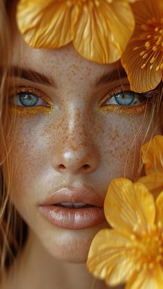 a woman with freckles on her face and flowers in front of her face