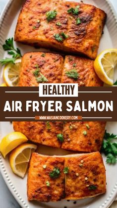 healthy air fryer salmon on a plate with lemons and parsley