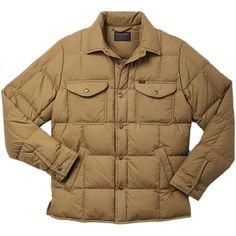 The Filson Lightweight Down Jac-Shirt provides the versatile warmth we need when the temperature is chilly enough to make our dog wear a knitted layer (much to their dismay) before stepping out on a walk around town. Filson Jacket, Filson Mens, Dog Wear, Dark Tan, Mens Outerwear, Cotton Flannel, The Snow, Shirt Jacket