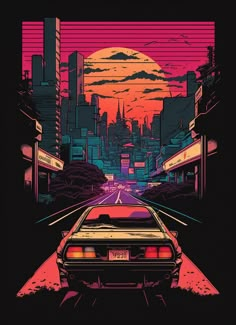 the back end of a car on a city street at night with an orange and pink sunset