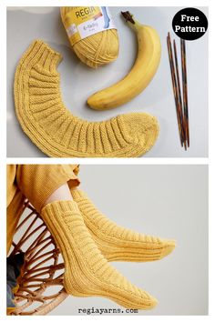 two pictures with bananas, yarn and knitting needles