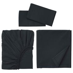 three pieces of black bedding set on white background