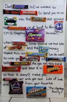 a white board with candy bars on it