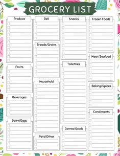 the grocery list is shown with flowers and leaves on it, along with text that reads grocery