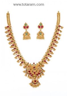 22K Gold Ruby & Emerald Necklace & Drop Earrings Set - 235-GS2024 in 39.000 Grams 22k Gold Necklace Addiga, 22k Gold Necklace Swt, 22k Gold Necklace Short, Gold Necklaces In 10 Grams, Kante Gold Necklaces In 40 Grams, 30 Grams Gold Necklace Indian Set, Ruby Emerald Necklace, Indian Gold Jewellery Design, Gold Necklace Indian