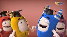 three cartoon characters dressed in graduation caps and gowns, one is holding a toothbrush