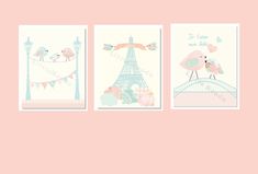 three pink birds are standing in front of the eiffel tower, and one bird is