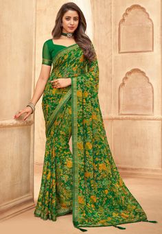 Green Chiffon Saree, Laxmipati Sarees, Saree Green, Asian Traditional Clothes, Floral Saree, Raw Silk Saree, Half Saree Designs