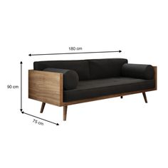 a black couch with wooden legs and measurements