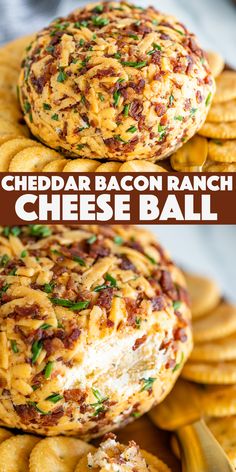 cheddar bacon ranch cheese ball on top of crackers with text overlay that reads cheddar bacon ranch cheese ball