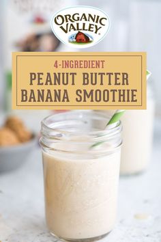 a jar filled with peanut butter banana smoothie