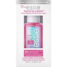 hard to resist strengthener by essie a nail strengthening treatment with nail bonding technology for instant nail strength and less brittle, more protected nails after just 3 days. this treatment creates a protective barrier against daily wear and tear for nails that appear healthy, smooth with natural shine. apply two coats to clean, bare nails and allow to dry. wear for 3 days before removal, for optimal results. Nails For A Wedding, Summer Routines, Black Skincare, Girls Presents, Essie Nails, Essie Nail Polish Colors, Nail Strengthening, Revlon Colorburst, Velcro Rollers