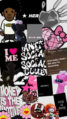 a collage of various stickers and pictures on a white background with pink flowers